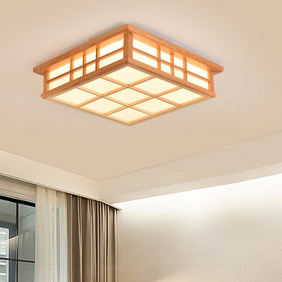 Traditional Japanese Square Lattice Acrylic Iron Wood LED Flush Mount Ceiling Light For Living Room