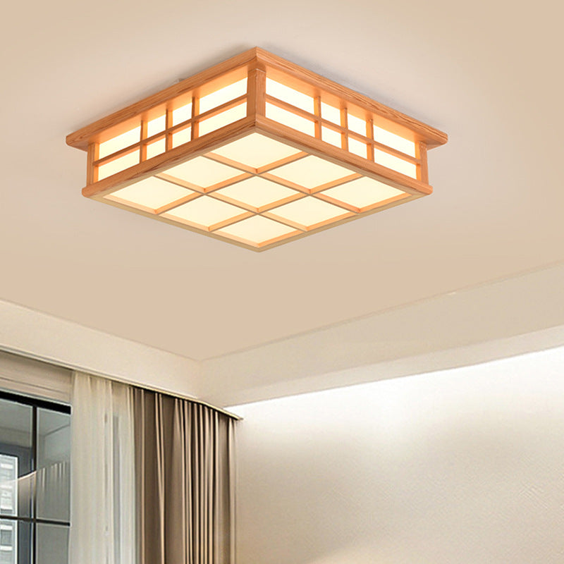 Traditional Japanese Square Lattice Acrylic Iron Wood LED Flush Mount Ceiling Light For Living Room