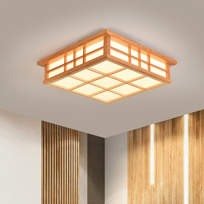 Traditional Japanese Square Lattice Acrylic Iron Wood LED Flush Mount Ceiling Light For Living Room