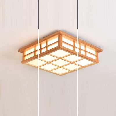 Traditional Japanese Square Lattice Acrylic Iron Wood LED Flush Mount Ceiling Light For Living Room