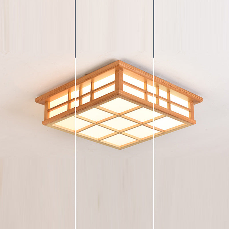 Traditional Japanese Square Lattice Acrylic Iron Wood LED Flush Mount Ceiling Light For Living Room