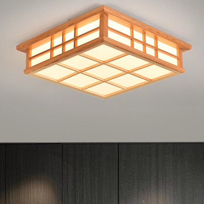 Traditional Japanese Square Lattice Acrylic Iron Wood LED Flush Mount Ceiling Light For Living Room