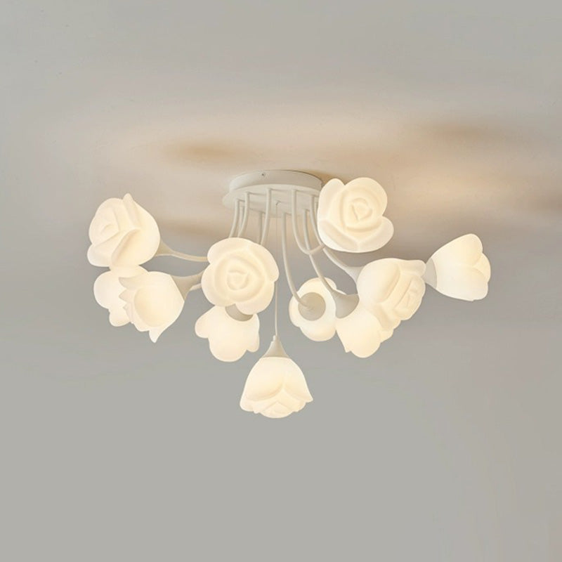 Contemporary Nordic Romantic Rose Shade Iron Resin 7/11/13-Light Semi-Flush Mount Ceiling Light For Living Room