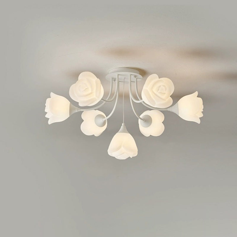 Contemporary Nordic Romantic Rose Shade Iron Resin 7/11/13-Light Semi-Flush Mount Ceiling Light For Living Room