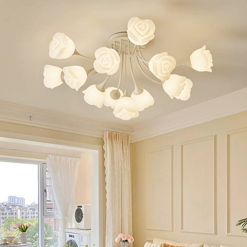 Contemporary Nordic Romantic Rose Shade Iron Resin 7/11/13-Light Semi-Flush Mount Ceiling Light For Living Room