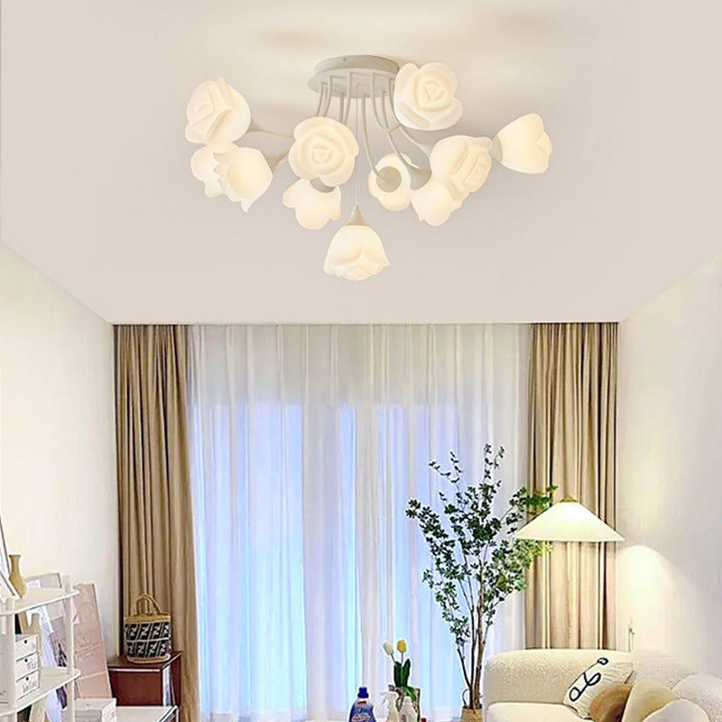 Contemporary Nordic Romantic Rose Shade Iron Resin 7/11/13-Light Semi-Flush Mount Ceiling Light For Living Room