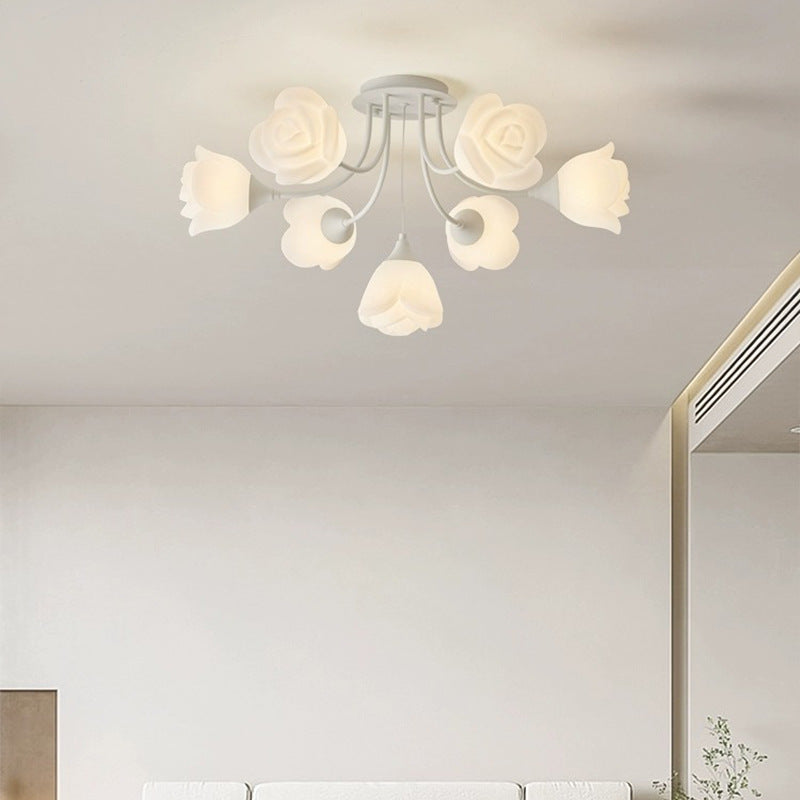 Contemporary Nordic Romantic Rose Shade Iron Resin 7/11/13-Light Semi-Flush Mount Ceiling Light For Living Room