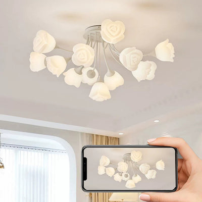 Contemporary Nordic Romantic Rose Shade Iron Resin 7/11/13-Light Semi-Flush Mount Ceiling Light For Living Room