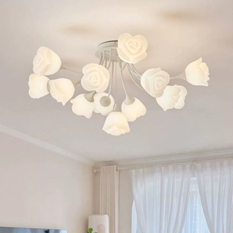 Contemporary Nordic Romantic Rose Shade Iron Resin 7/11/13-Light Semi-Flush Mount Ceiling Light For Living Room