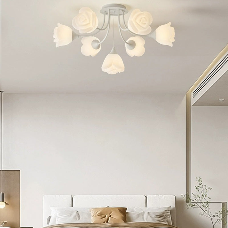 Contemporary Nordic Romantic Rose Shade Iron Resin 7/11/13-Light Semi-Flush Mount Ceiling Light For Living Room