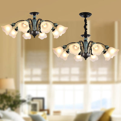 Traditional Retro Adjustable Height Flowers Cracked Ceramic Iron Glass 3/5/6/8/10 - Light Chandelier For Living Room