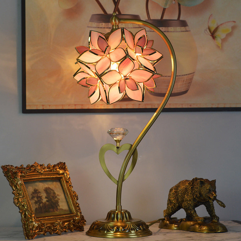 Traditional European Cluster-Flower Copper Glass 1-Light Table Lamp For Living Room