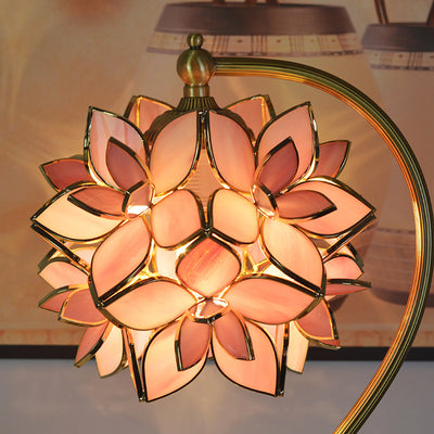 Traditional European Cluster-Flower Copper Glass 1-Light Table Lamp For Living Room