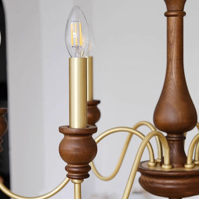 Traditional French Candlestick Brass Frame Wood 6/8/10-Light Chandelier For Living Room