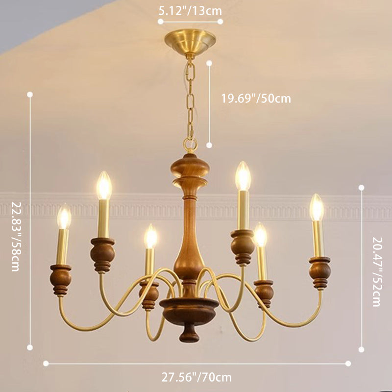 Traditional French Candlestick Brass Frame Wood 6/8/10-Light Chandelier For Living Room