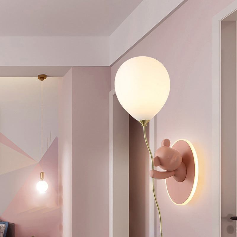 Contemporary Creative Kids Cartoon Bear Balloon Resin Glass Ball 1-Light Wall Sconce Lamp For Bedroom