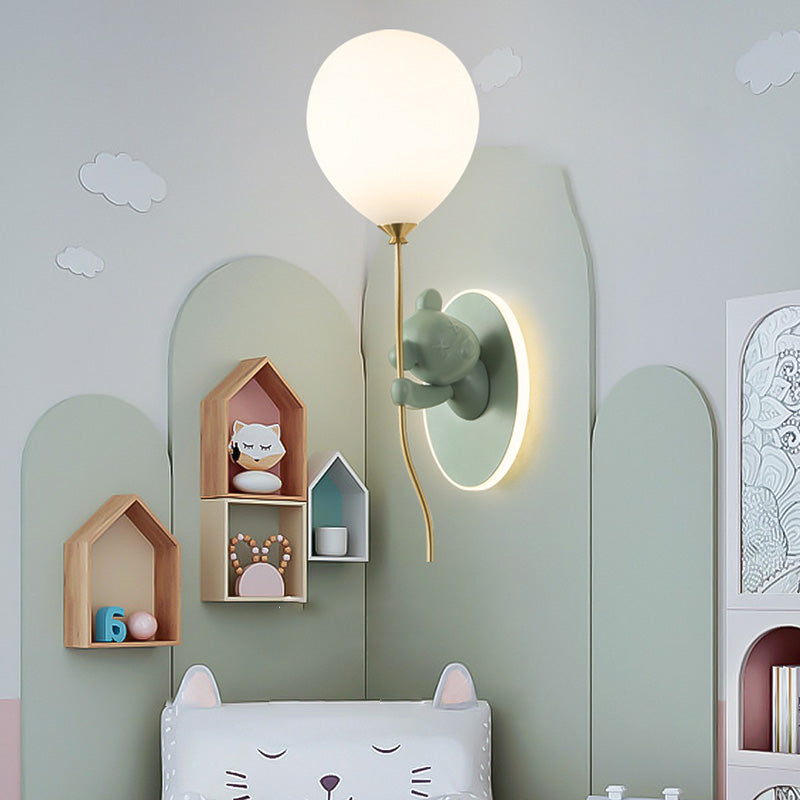 Contemporary Creative Kids Cartoon Bear Balloon Resin Glass Ball 1-Light Wall Sconce Lamp For Bedroom