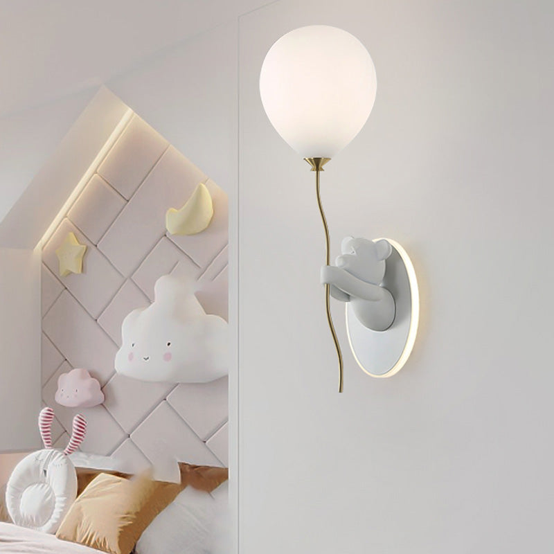 Contemporary Creative Kids Cartoon Bear Balloon Resin Glass Ball 1-Light Wall Sconce Lamp For Bedroom