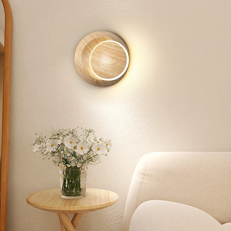 Contemporary Creative Rotatable Moon Shadow Round Wood Grain Iron Aluminum LED Kids Wall Sconce Lamp For Bedroom