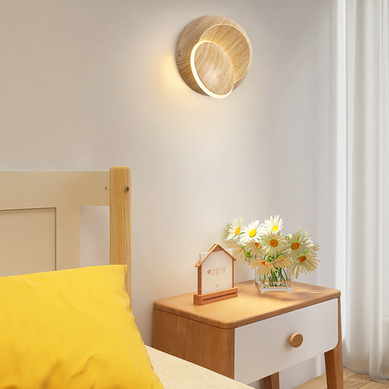 Contemporary Creative Rotatable Moon Shadow Round Wood Grain Iron Aluminum LED Kids Wall Sconce Lamp For Bedroom