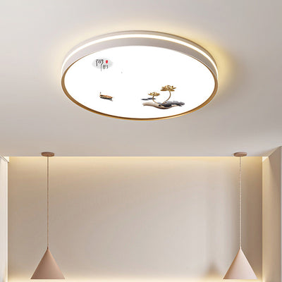 Traditional Chinese Round Square Rectangle Lotus Line Iron Acrylic Aluminum LED Flush Mount Ceiling Light For Living Room