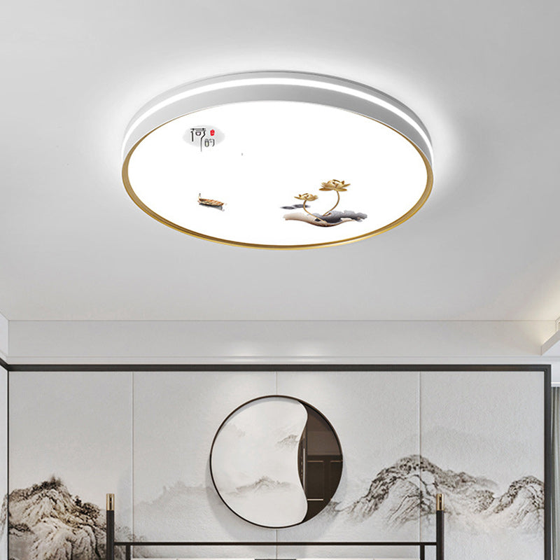 Traditional Chinese Round Square Rectangle Lotus Line Iron Acrylic Aluminum LED Flush Mount Ceiling Light For Living Room