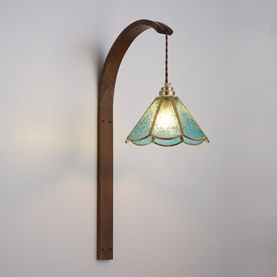 Contemporary Retro Flower Hammered Glass Shade Wood 1-Light Wall Sconce Lamp For Bedroom