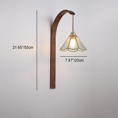 Contemporary Retro Flower Hammered Glass Shade Wood 1-Light Wall Sconce Lamp For Bedroom