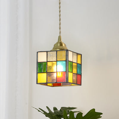 Traditional Tiffany Puzzle Cube Tapered Colorful Stained Glass Brass 1-Light Pendant Light For Living Room