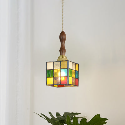 Traditional Tiffany Puzzle Cube Tapered Colorful Stained Glass Brass 1-Light Pendant Light For Living Room