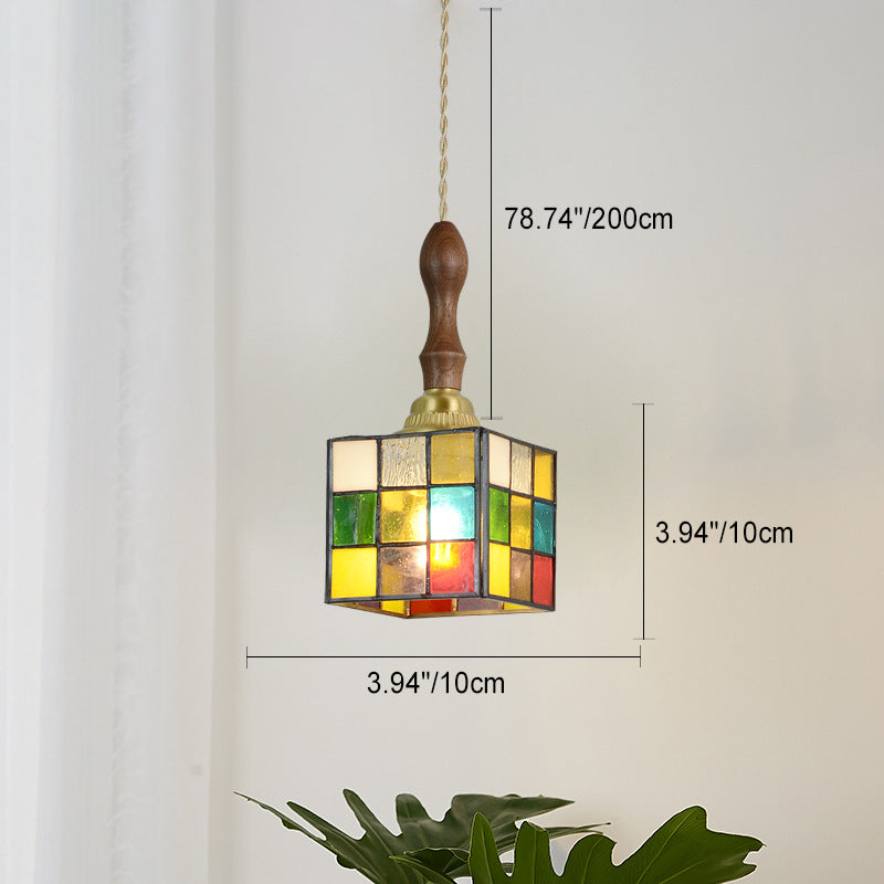 Traditional Tiffany Puzzle Cube Tapered Colorful Stained Glass Brass 1-Light Pendant Light For Living Room