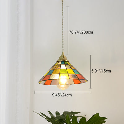 Traditional Tiffany Puzzle Cube Tapered Colorful Stained Glass Brass 1-Light Pendant Light For Living Room