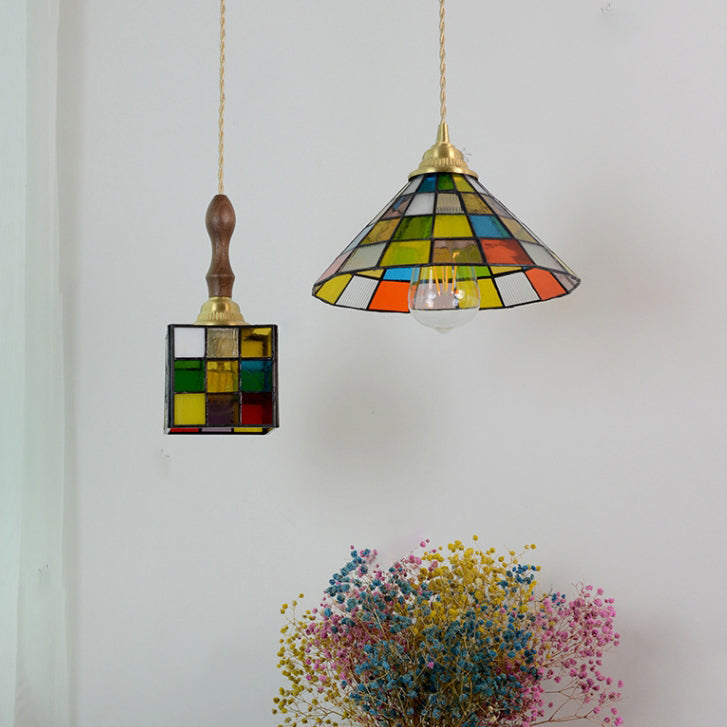 Traditional Tiffany Puzzle Cube Tapered Colorful Stained Glass Brass 1-Light Pendant Light For Living Room