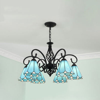 Traditional Tiffany Conical Stained Glass Iron Hardware 3/5/6/8-Light Chandelier For Living Room