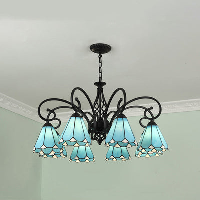 Traditional Tiffany Conical Stained Glass Iron Hardware 3/5/6/8-Light Chandelier For Living Room