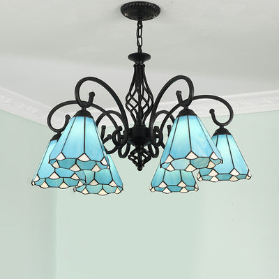 Traditional Tiffany Conical Stained Glass Iron Hardware 3/5/6/8-Light Chandelier For Living Room