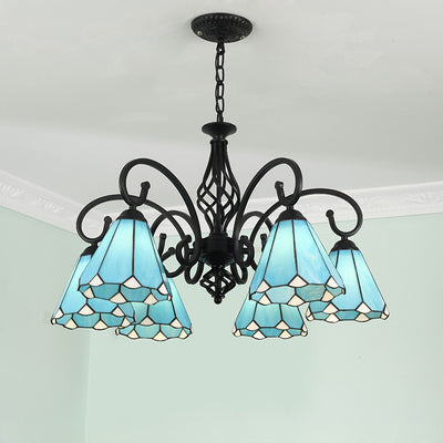 Traditional Tiffany Conical Stained Glass Iron Hardware 3/5/6/8-Light Chandelier For Living Room