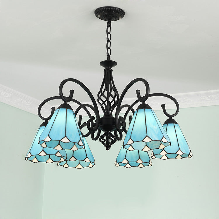 Traditional Tiffany Conical Stained Glass Iron Hardware 3/5/6/8-Light Chandelier For Living Room