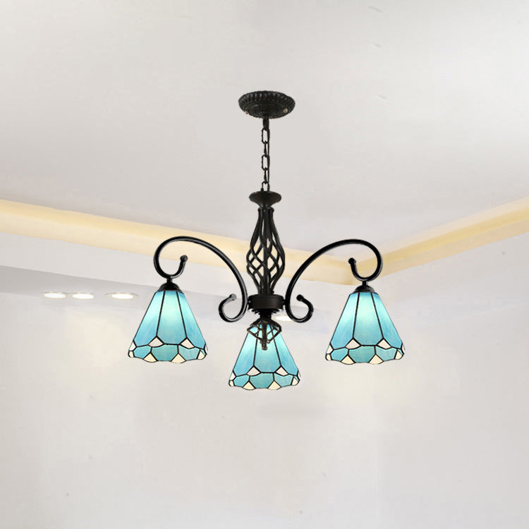 Traditional Tiffany Conical Stained Glass Iron Hardware 3/5/6/8-Light Chandelier For Living Room