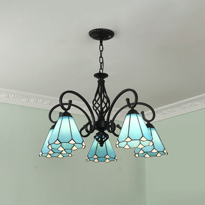 Traditional Tiffany Conical Stained Glass Iron Hardware 3/5/6/8-Light Chandelier For Living Room