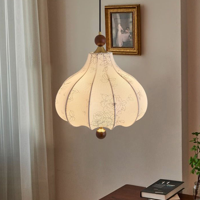 Traditional French Round Trapezoidal Flower Patterned Wood Fabric 1/3/5 Light Pendant Light For Living Room