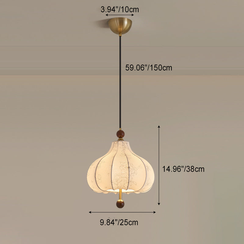 Traditional French Round Trapezoidal Flower Patterned Wood Fabric 1/3/5 Light Pendant Light For Living Room