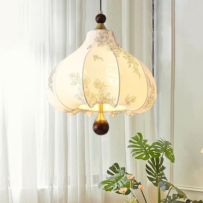 Traditional French Round Trapezoidal Flower Patterned Wood Fabric 1/3/5 Light Pendant Light For Living Room