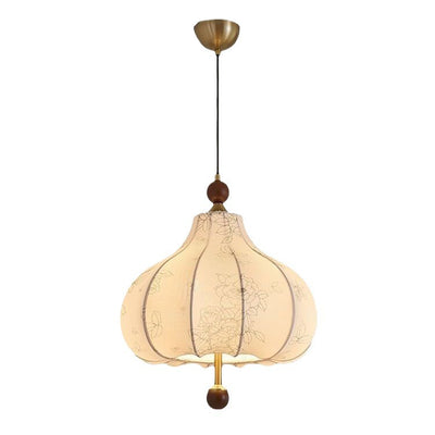 Traditional French Round Trapezoidal Flower Patterned Wood Fabric 1/3/5 Light Pendant Light For Living Room