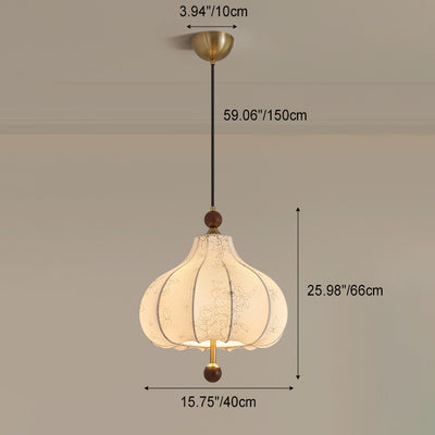 Traditional French Round Trapezoidal Flower Patterned Wood Fabric 1/3/5 Light Pendant Light For Living Room