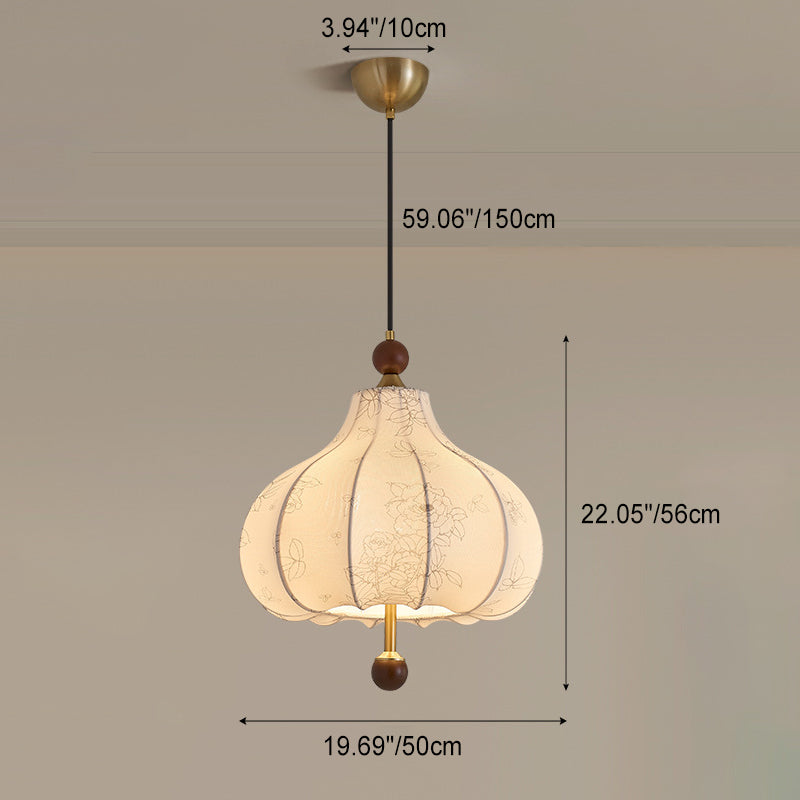 Traditional French Round Trapezoidal Flower Patterned Wood Fabric 1/3/5 Light Pendant Light For Living Room