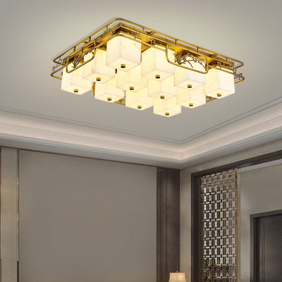 Traditional Chinese Marble Brass Square Rectangular LED Flush Mount Ceiling Light For Living Room