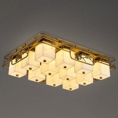 Traditional Chinese Marble Brass Square Rectangular LED Flush Mount Ceiling Light For Living Room