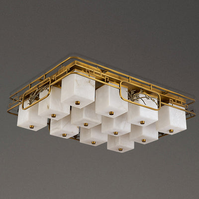 Traditional Chinese Marble Brass Square Rectangular LED Flush Mount Ceiling Light For Living Room