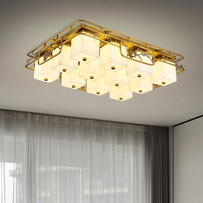 Traditional Chinese Marble Brass Square Rectangular LED Flush Mount Ceiling Light For Living Room